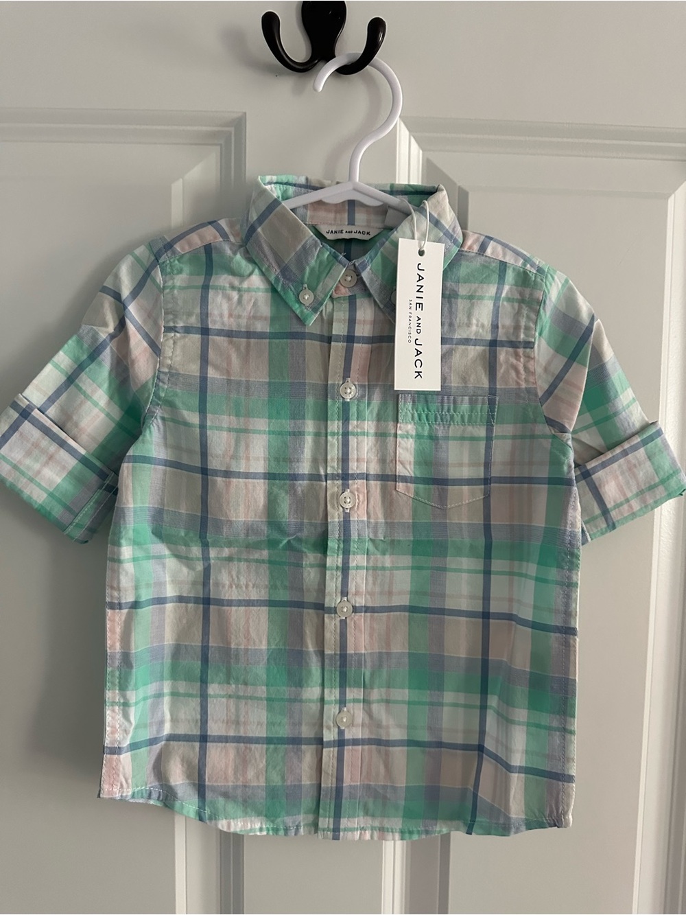 Janie and Jack Mint Green and Blue Plaid Short-Sleeve Button-Down Shirt